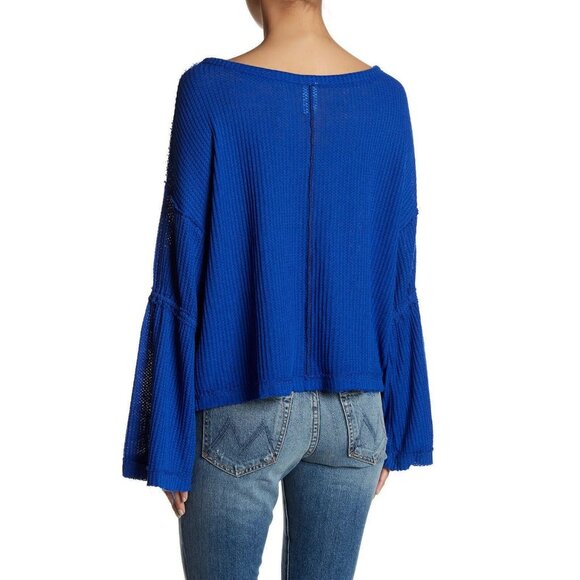 Free People x We The Free Blue Waffle Knit Bell Sleeve Relaxed Fit Top - Picture 5 of 16